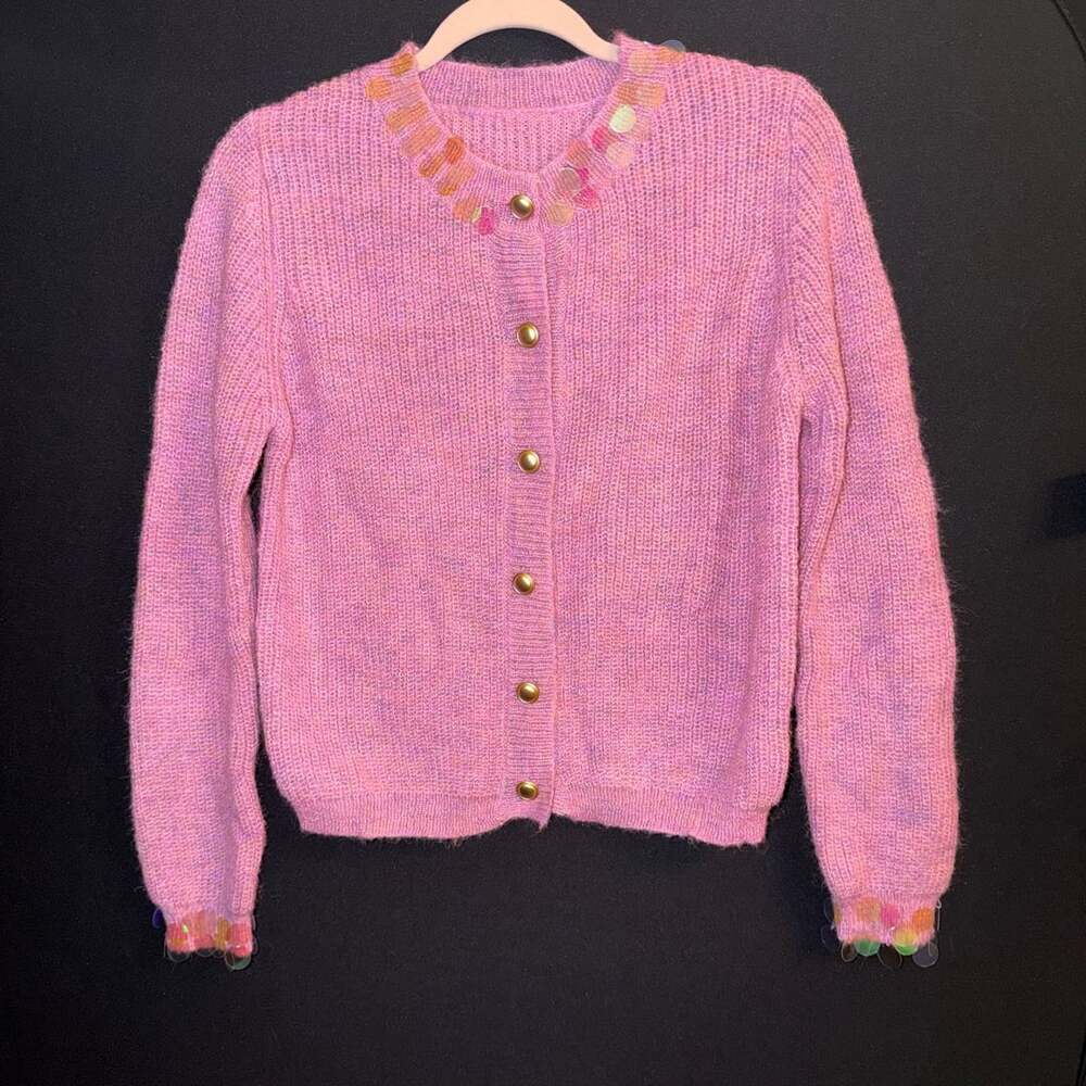 Pink Marled Button-Front Cardigan Sweater with Sequin Trim